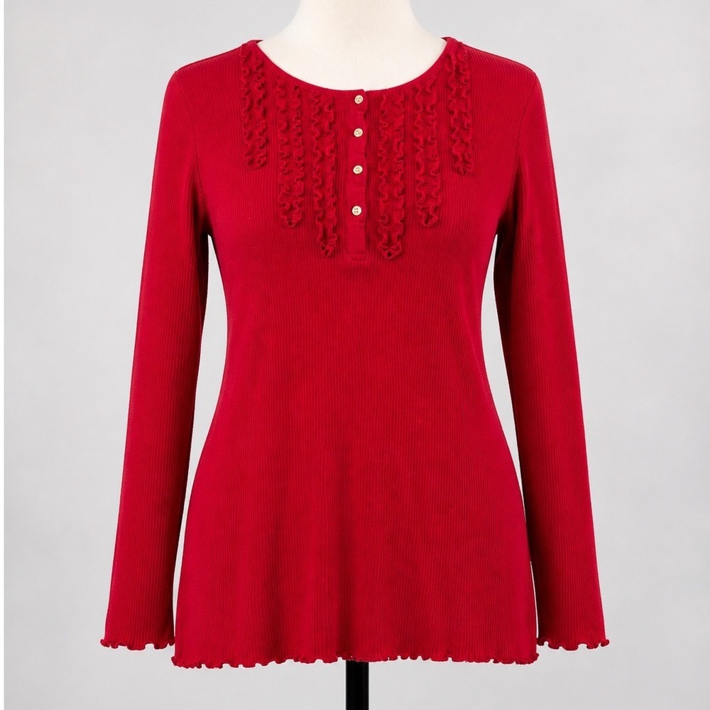 Lauren Ralph Lauren Red Thermal Waffle Knit Ruffle Henley Top Womens Size Medium
